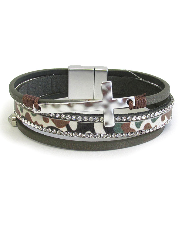 Military look camouflage multi layer leatherette magnetic bracelet - cross