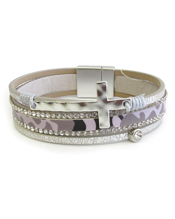 MILITARY LOOK CAMOUFLAGE MULTI LAYER LEATHERETTE MAGNETIC BRACELET - CROSS