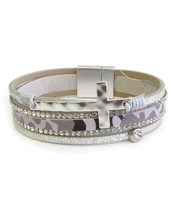 Military look camouflage multi layer leatherette magnetic bracelet - cross