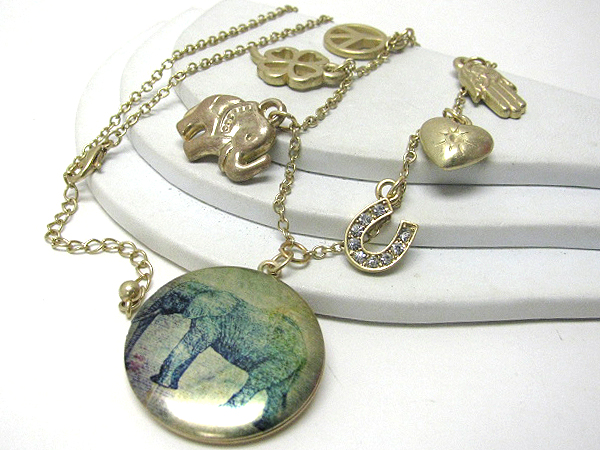 Antique style pain on puff disk and lucky charms long necklace