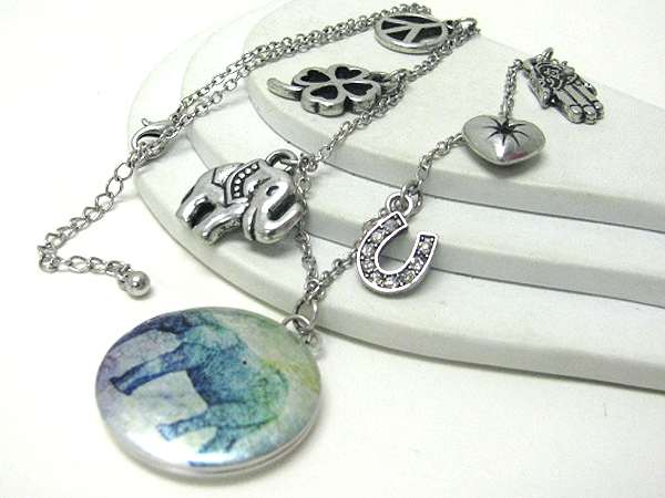 Antique style pain on puff disk and lucky charms long necklace