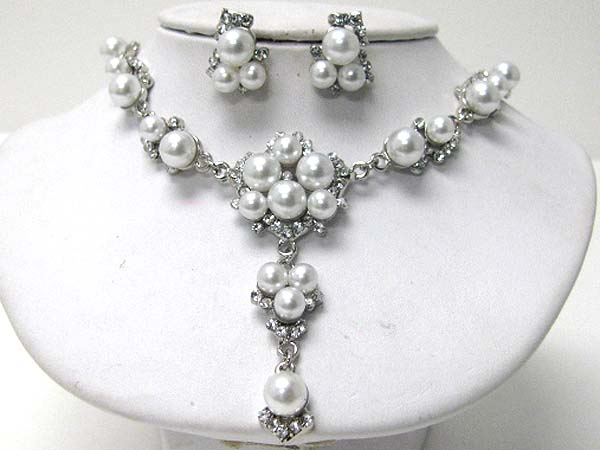 Crystal and pearl deco y shape necklace earring set