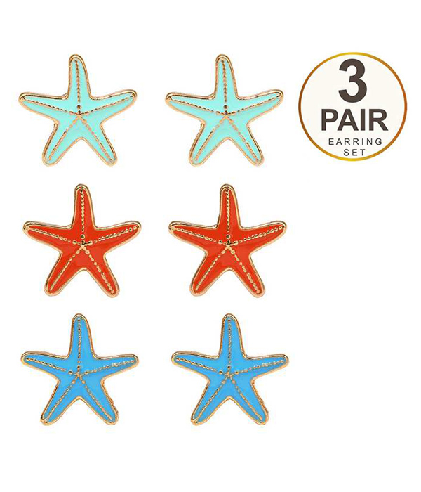 Multi color starfish set of three earrings
