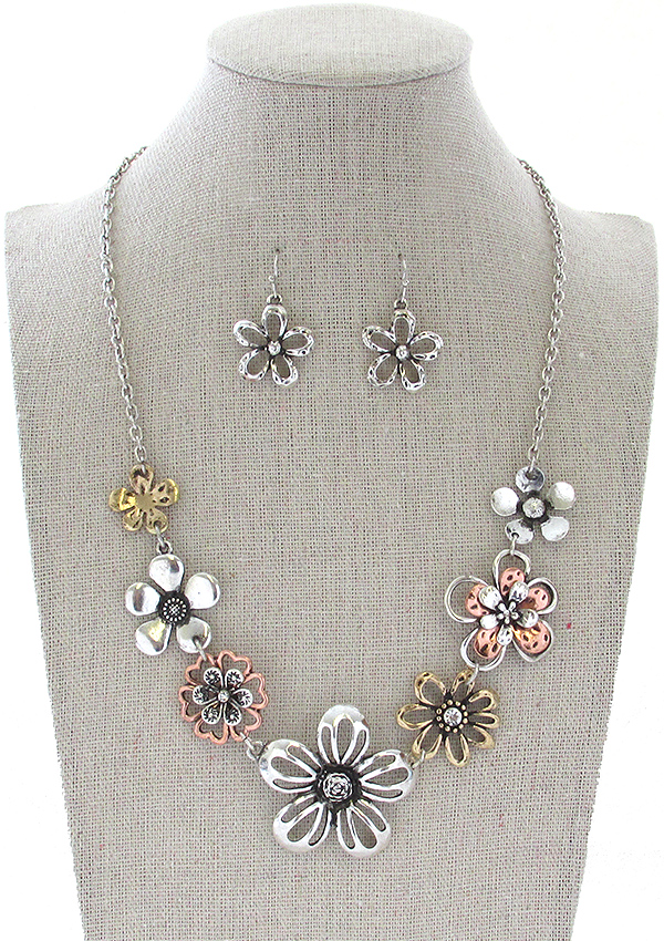 MULTI METAL FLOWER LINK NECKLACE SET