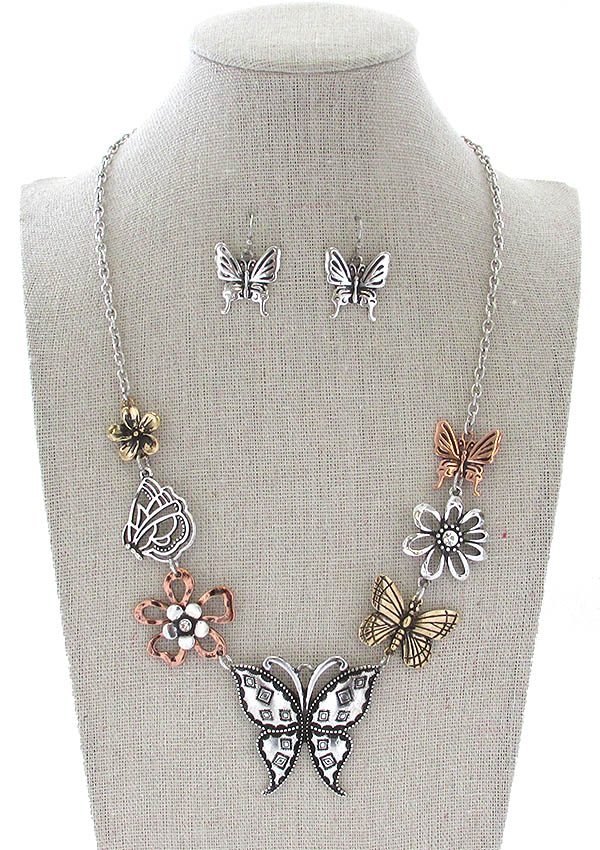 GARDEN THEME MULTI BUTTERFLY AND FLOWER NECKLACE SET