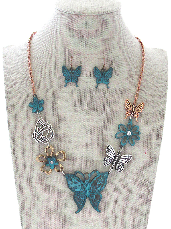 GARDEN THEME MULTI BUTTERFLY AND FLOWER NECKLACE SET