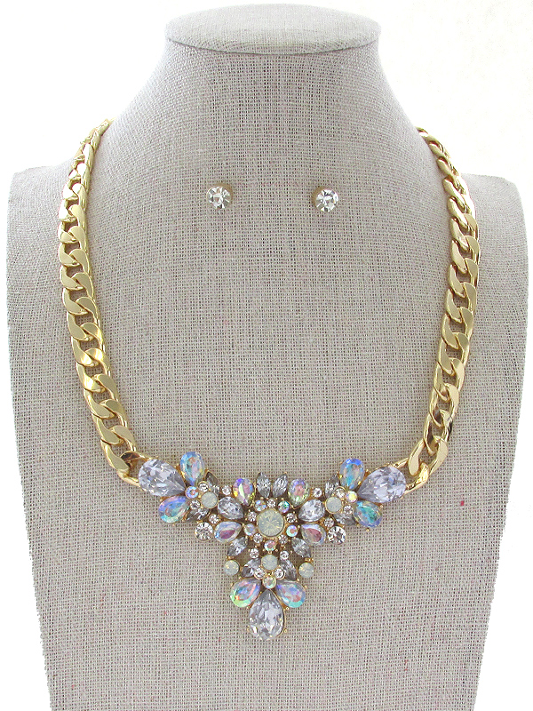 CRYSTAL FLOWER AND CHUNKY CUBAN CHAIN NECKLACE SET