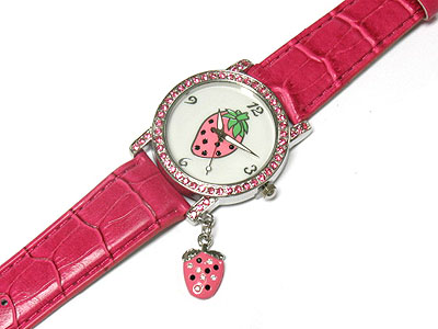 Crystal round face strawberry dangle and background leather band watch