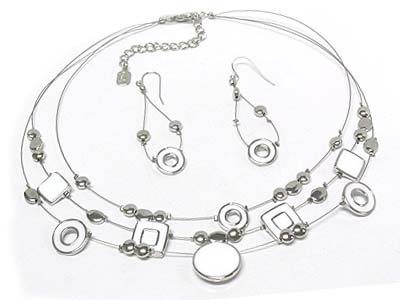 Epoxy covered round and square metal disk and metal bead triple strands necklace and earring set 