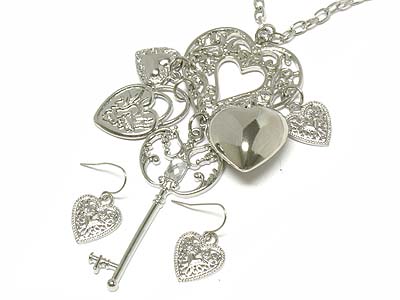 Casting metal heart pendant and multi heart charms and key necklace and earring set