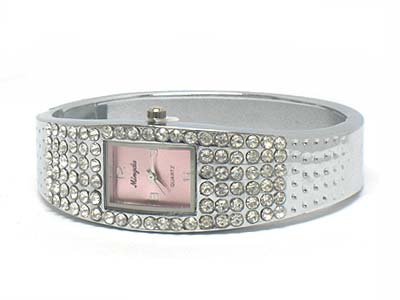 Crystal paved deco rectangle face metal hinge watch