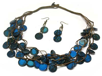 Multi  strands wood round disk necklace and earring set 