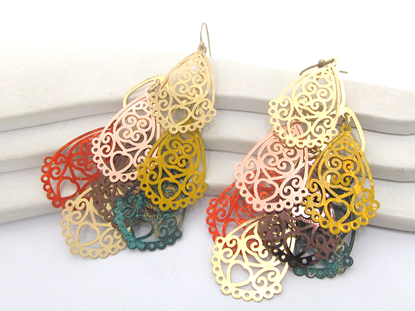 Multi metal tear drop fashion filigree drop earring