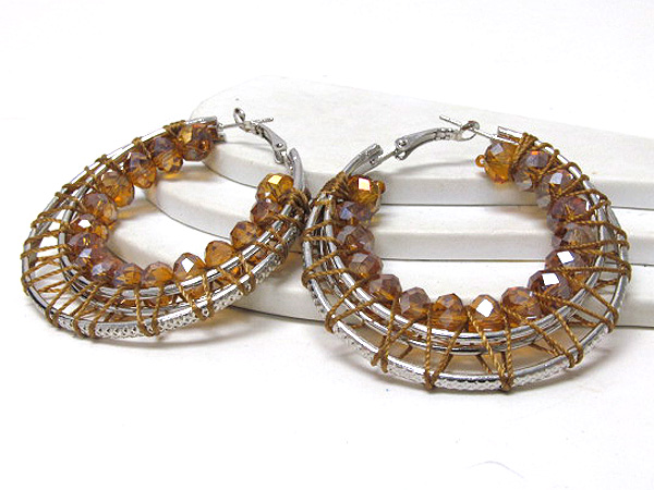Crystal glass and cord wrap double metal hoop earring - hoops