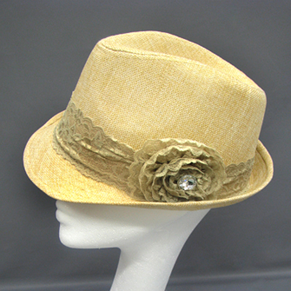 100% lace trim flower crystal corstage summer fedora