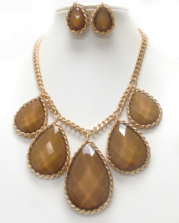 Five tear drop glass stone drop chain necklace earring set