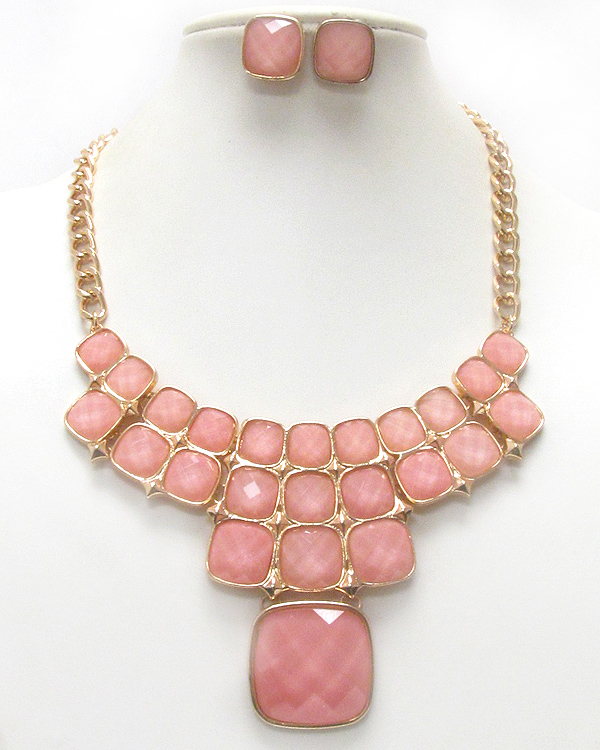 Facet acrylic pearl finish stone bib necklace earring set