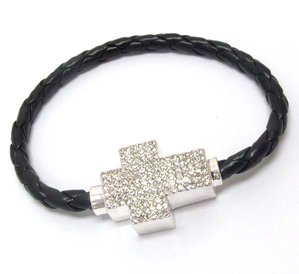 Crystal paved puffy cross and leatherette band magnetic bracelet