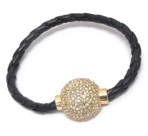 CRYSTAL PAVED METAL DOME AND LEATHERETTE BAND MAGNETIC BRACELET