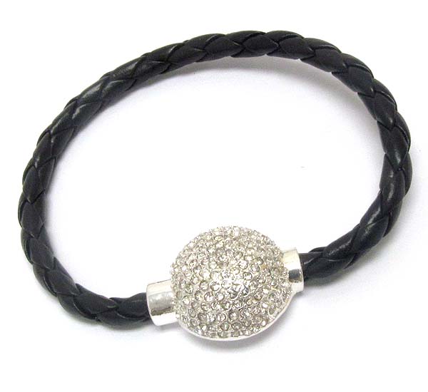 Crystal paved metal dome and leatherette band magnetic bracelet