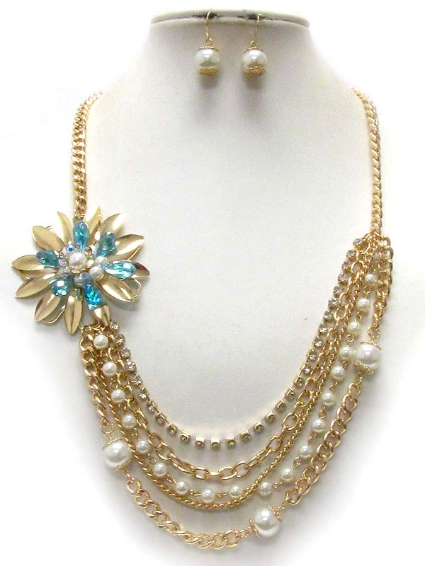 Crystal and pearl deco flower and multi chain drop corsage necklace earring set