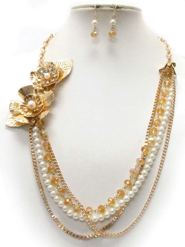 Pearl center flower and multi pearl and glass bead chain corsage necklace earring set