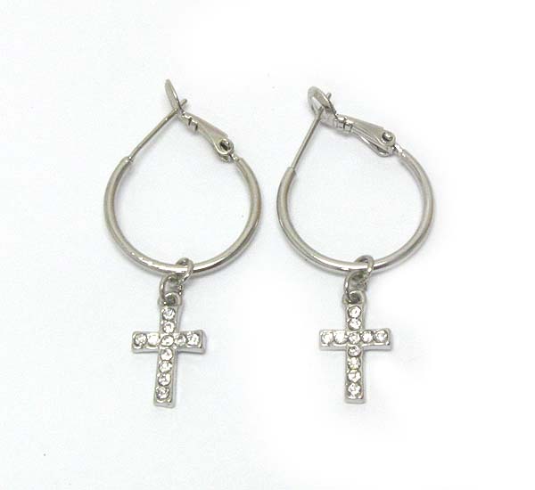 Crystal deco cross dangle hoop earring - hoops