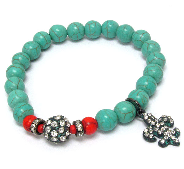 Crystal patina fluer de lis and ball and turquoise ball link stretch bracelet