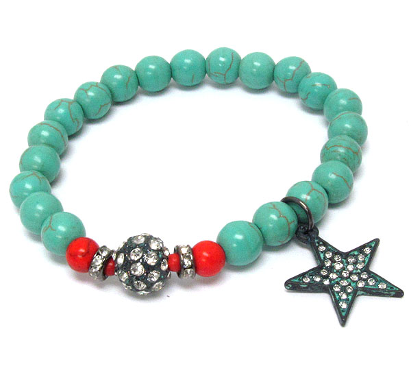 CRYSTAL PATINA STAR AND BALL AND TURQUOISE BALL LINK STRETCH BRACELET