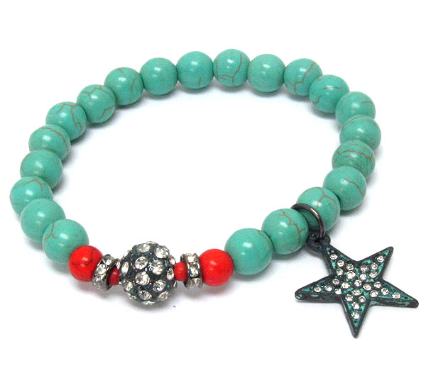 Crystal patina star and ball and turquoise ball link stretch bracelet