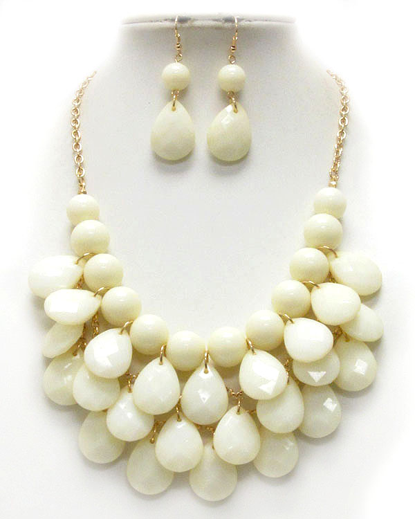 Designer style multi balls and multi connected facet cut acrylic puffy teardrop chain necklace earring set