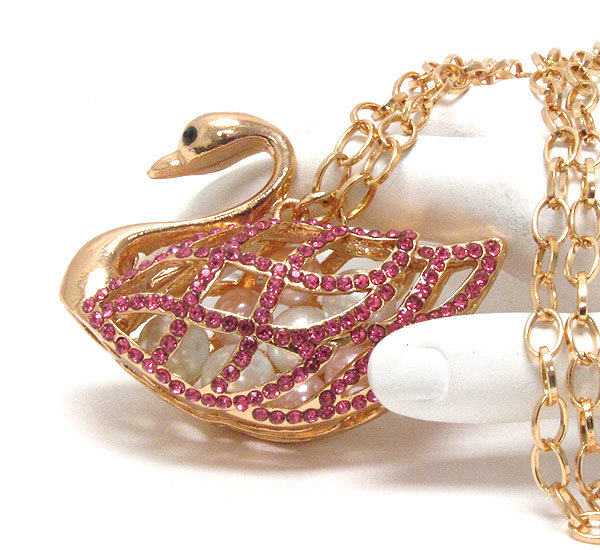 Crystal and pearl deco body swan pendant necklace