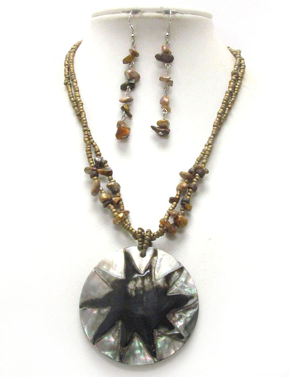 Mother of pearl disk pendant and chip stone multi chain necklace earring set