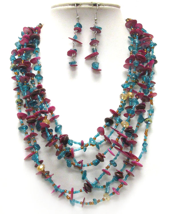 Chip stone multi chain necklace earring set