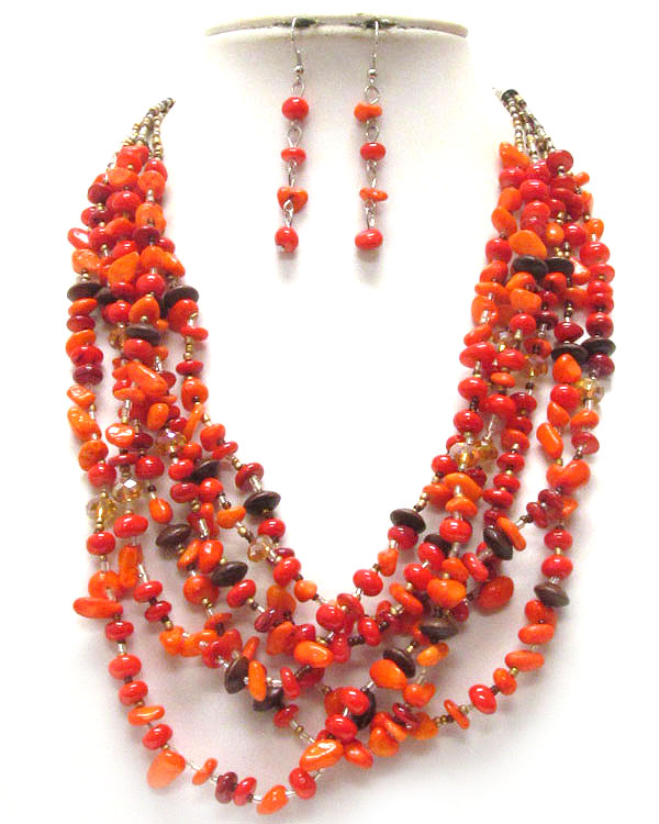 Chip stone multi chain necklace earring set