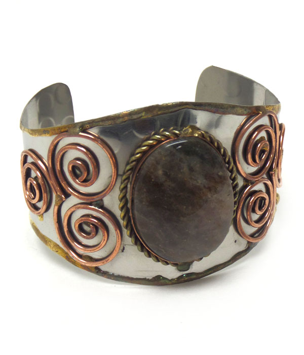 Handmade three tone brown agate stone cuff bracelet - 100% brass