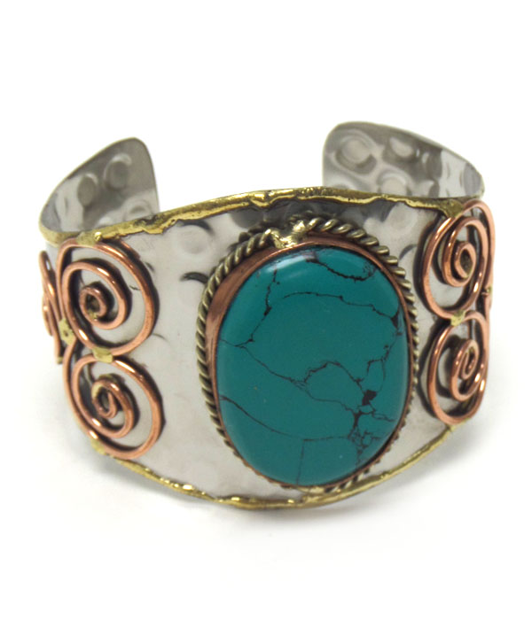 Handmade three tone turquoise agate stone cuff bracelet - 100% brass