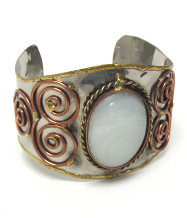 Handmade three tone white agate stoe cuff bracelet - 100% brass