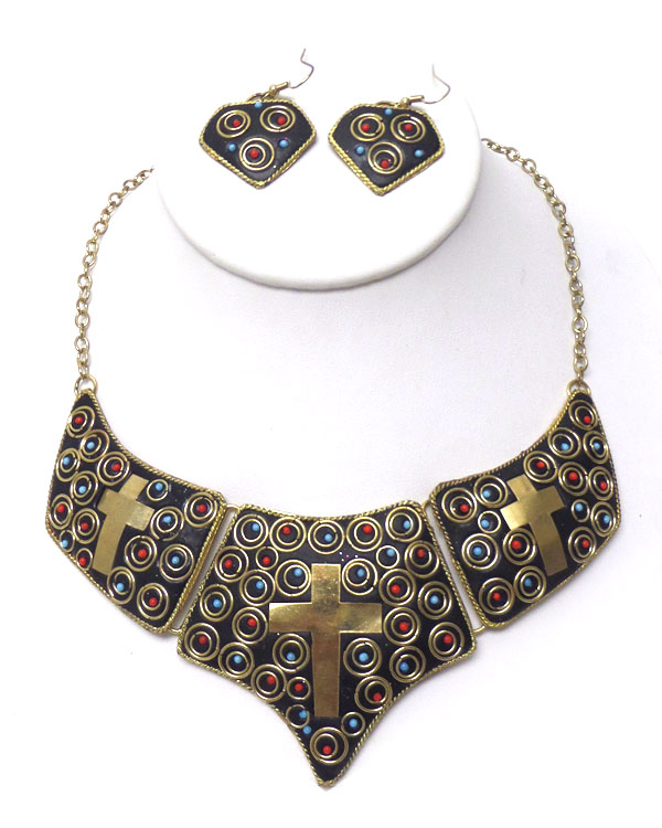 Thick brass corss mosaic cross necklace set