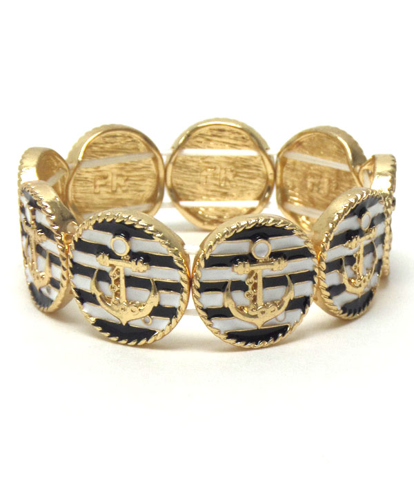 Premier electro plating anchor and nautical stripe disk link stretch bracelet