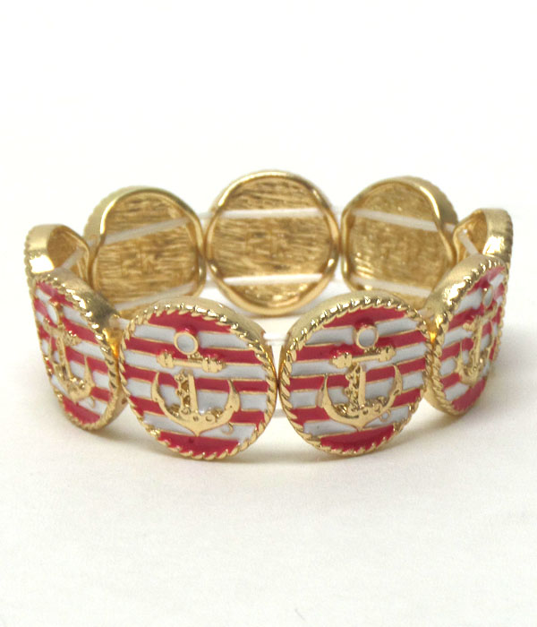 Premier electro plating anchor and nautical stripe disk link stretch bracelet