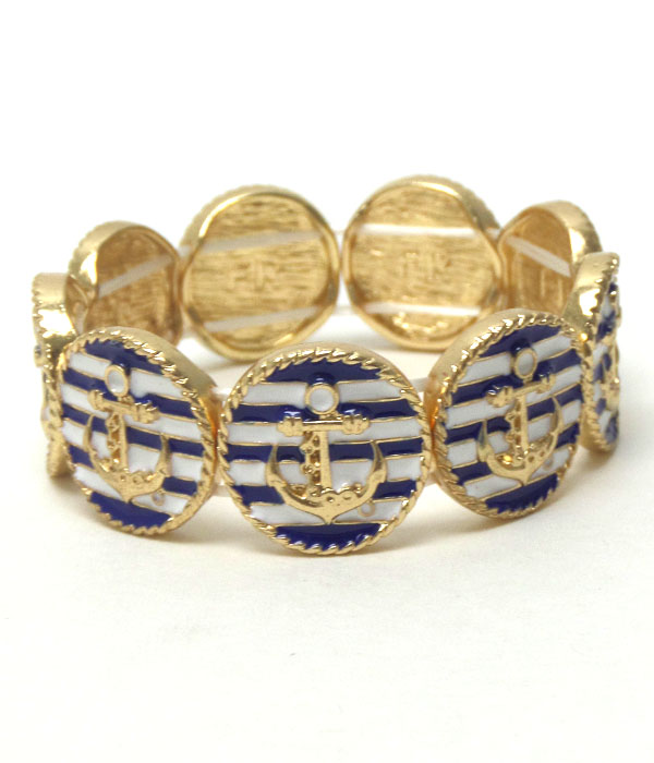 Premier electro plating anchor and nautical stripe disk link stretch bracelet