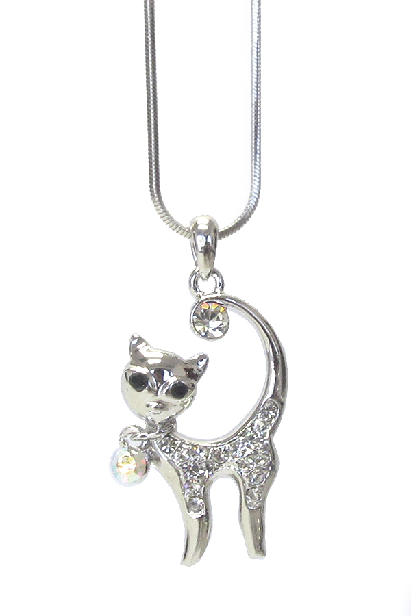 WHITEGOLD PLATING CRYSTAL CAT PENDANT NECKLACE