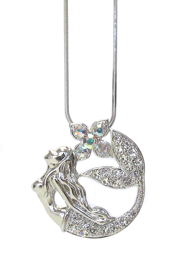 WHITEGOLD PLATING CRYSTAL MERMAID PENDANT NECKLACE