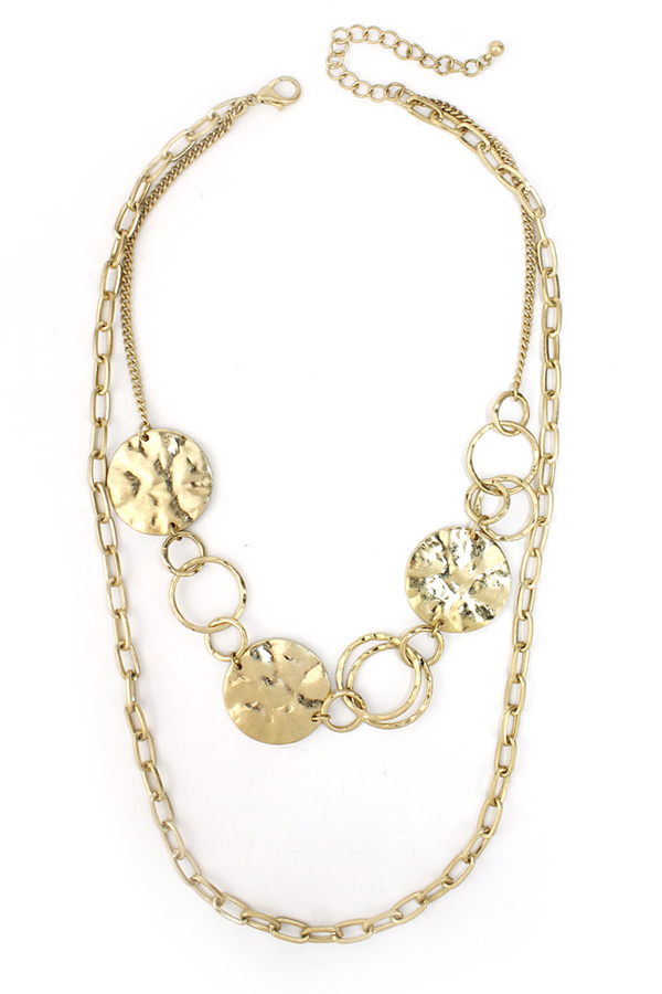 Hammered disc and ring link double layer necklace