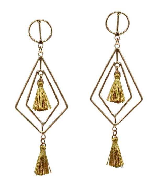 Double diamond shape wire and tassel drop earring