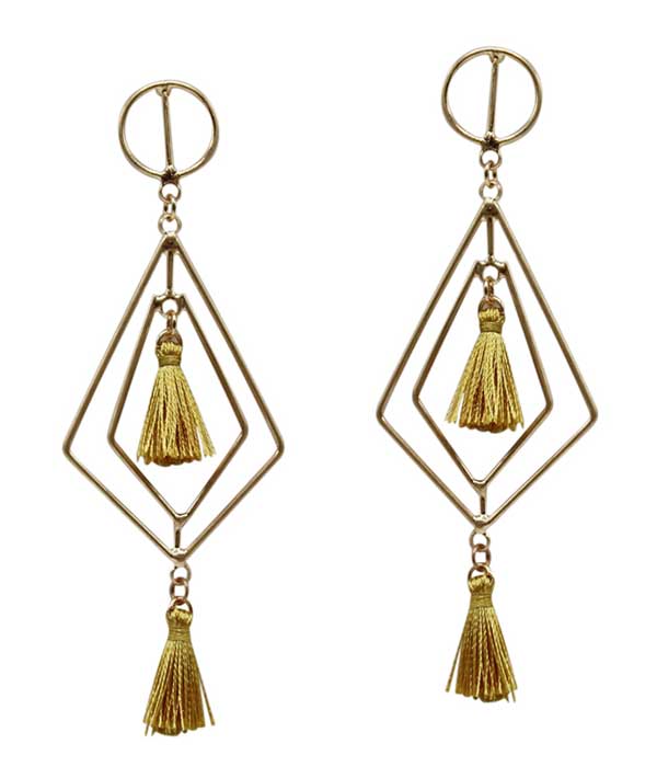 DOUBLE DIAMOND SHAPE WIRE AND TASSEL DROP EARRING