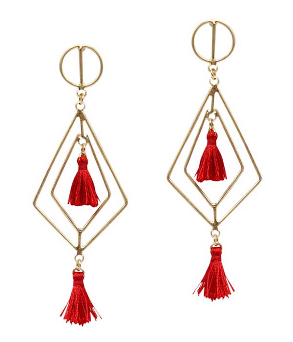 Double diamond shape wire and tassel drop earring