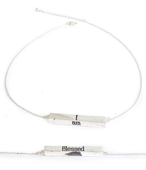 RELIGIOUS INSPIRATION MESSAGE BAR PENDANT NECKLACE - I AM BLESSED