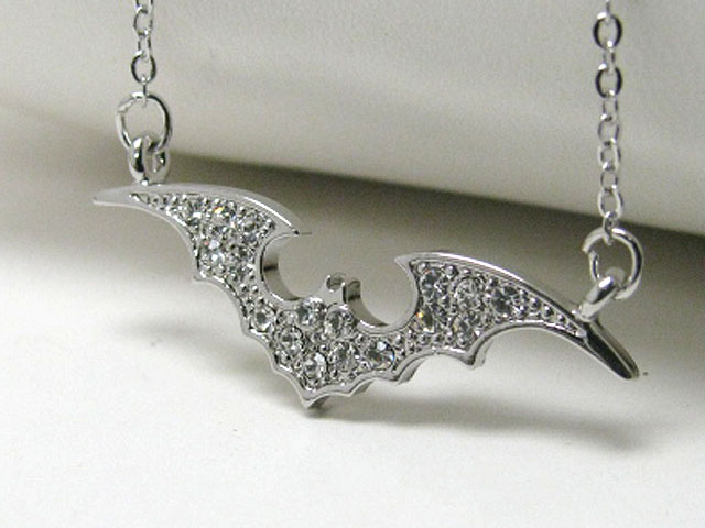 Made in korea whitegold plating crystal stud flat bat pendant necklace